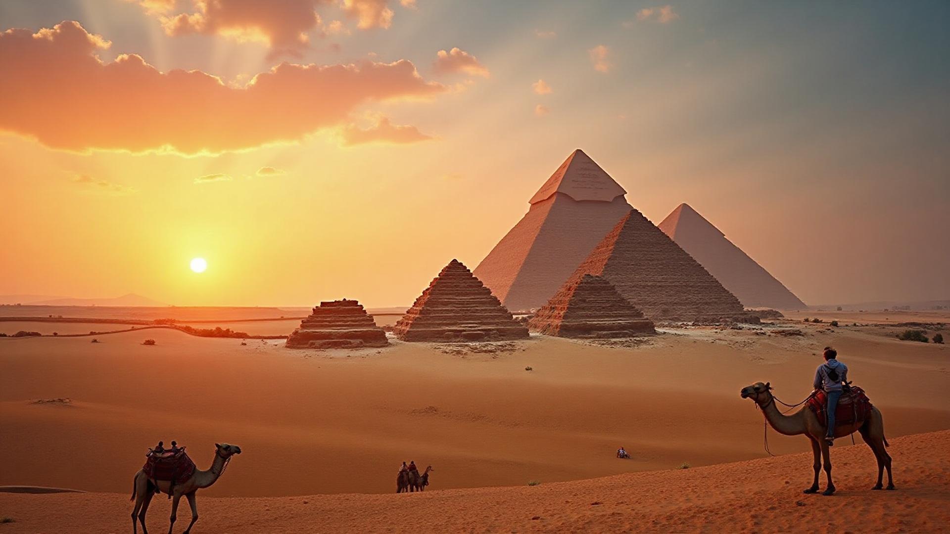 Melhor época para visitar as Pirâmides do Egito Pirâmides de Gizé no Egito durante o pôr do sol na melhor época para visitar - outono e inverno com clima perfeito